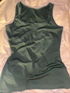 Classic Ribbed Henley Tank Top - Dark Green